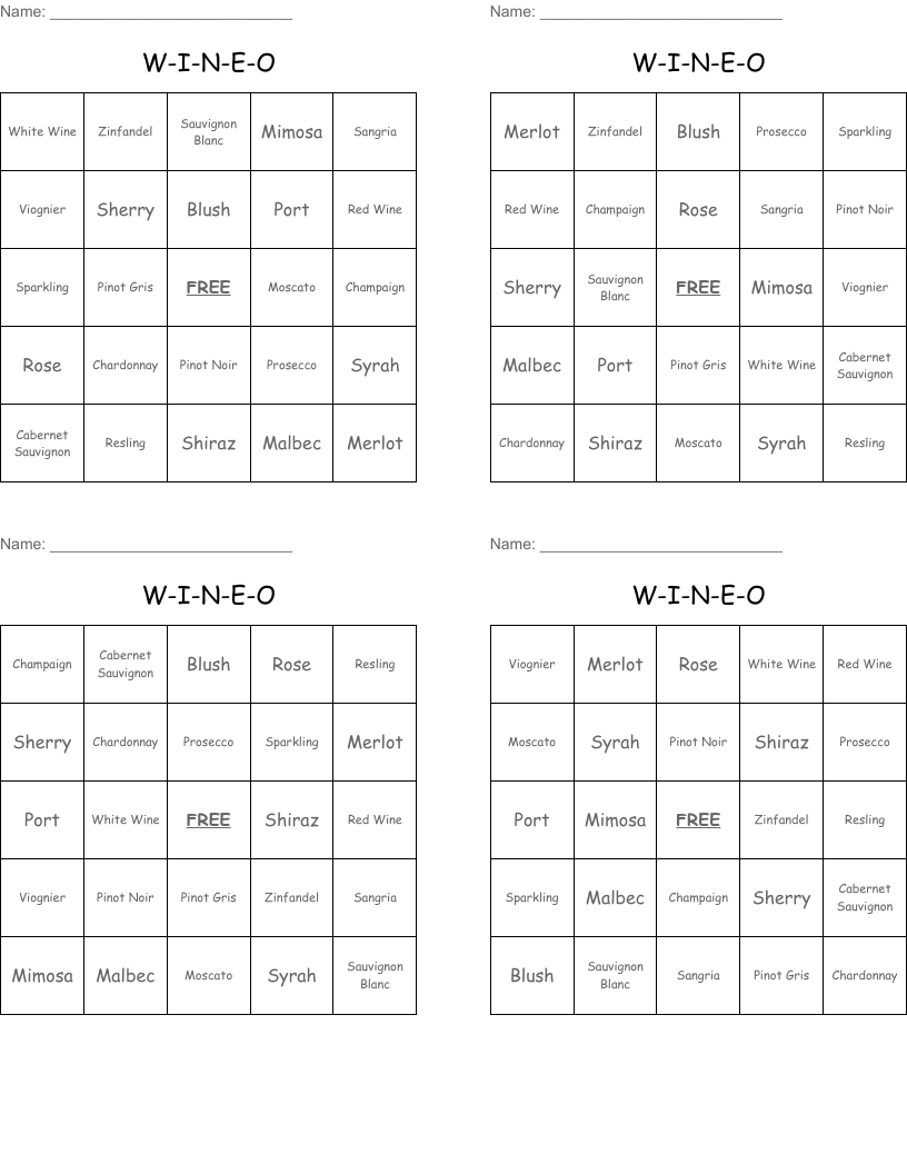 W-I-N-E-O Bingo Cards