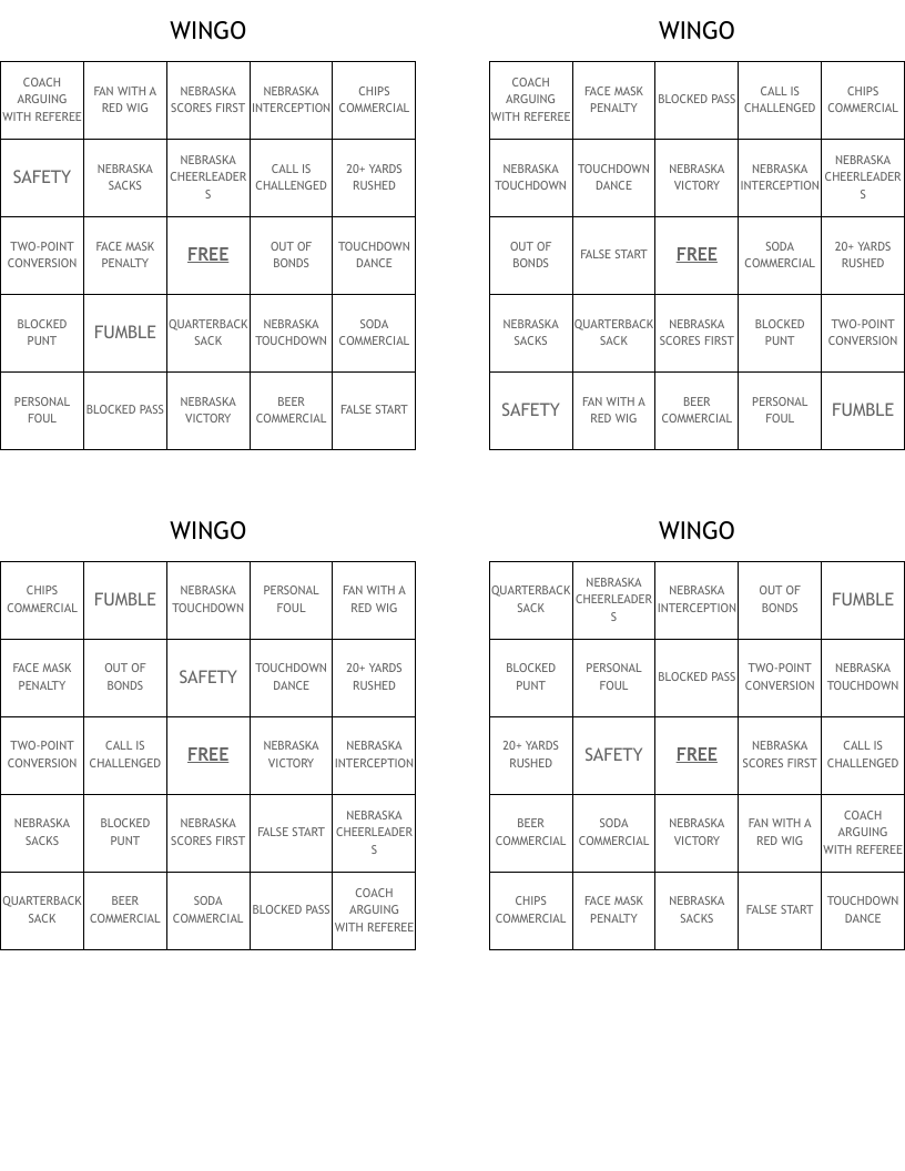 WINGO Bingo Cards