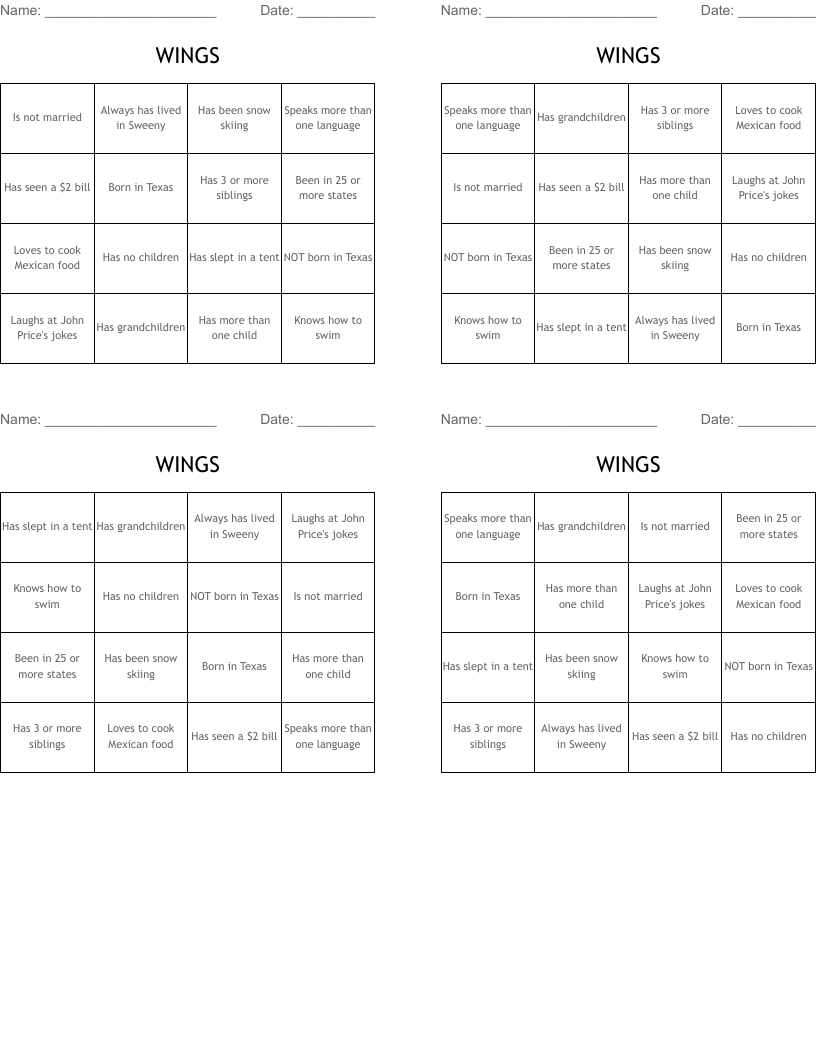 WINGS Bingo Cards