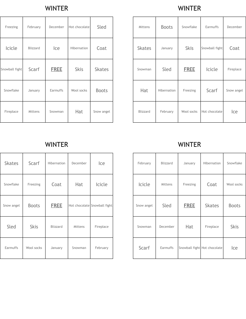 WINTER Bingo Cards