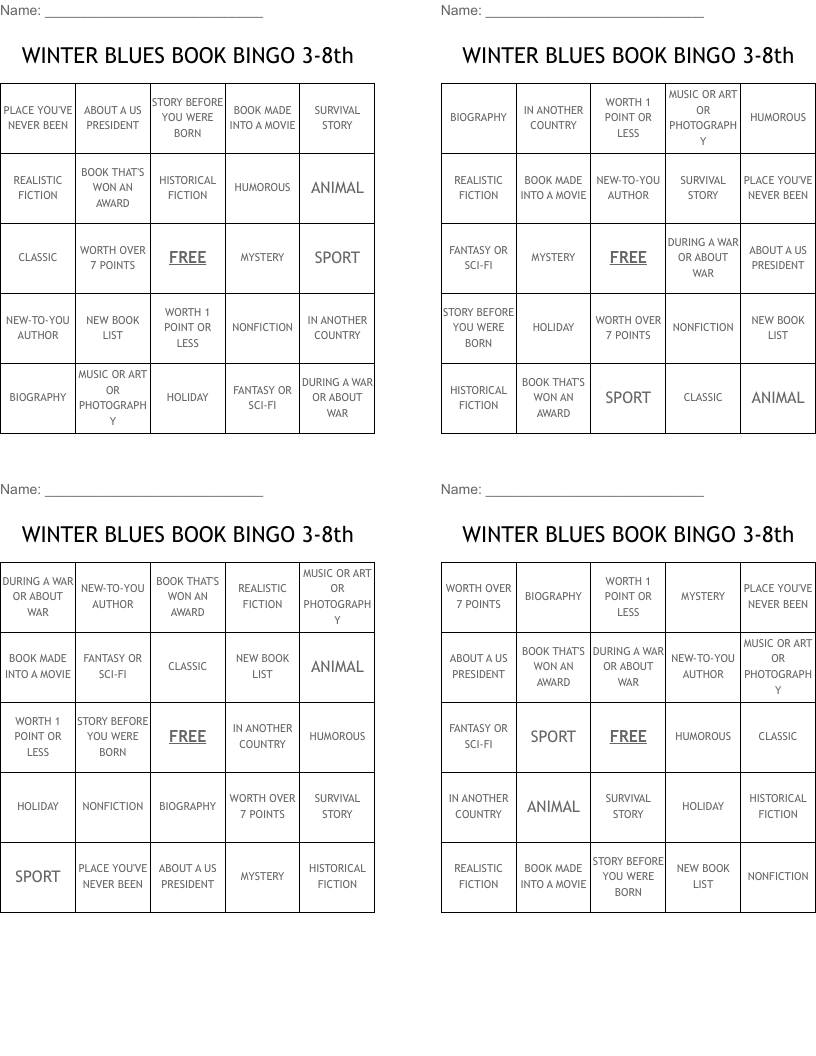 WINTER BLUES BOOK BINGO 3-8th
