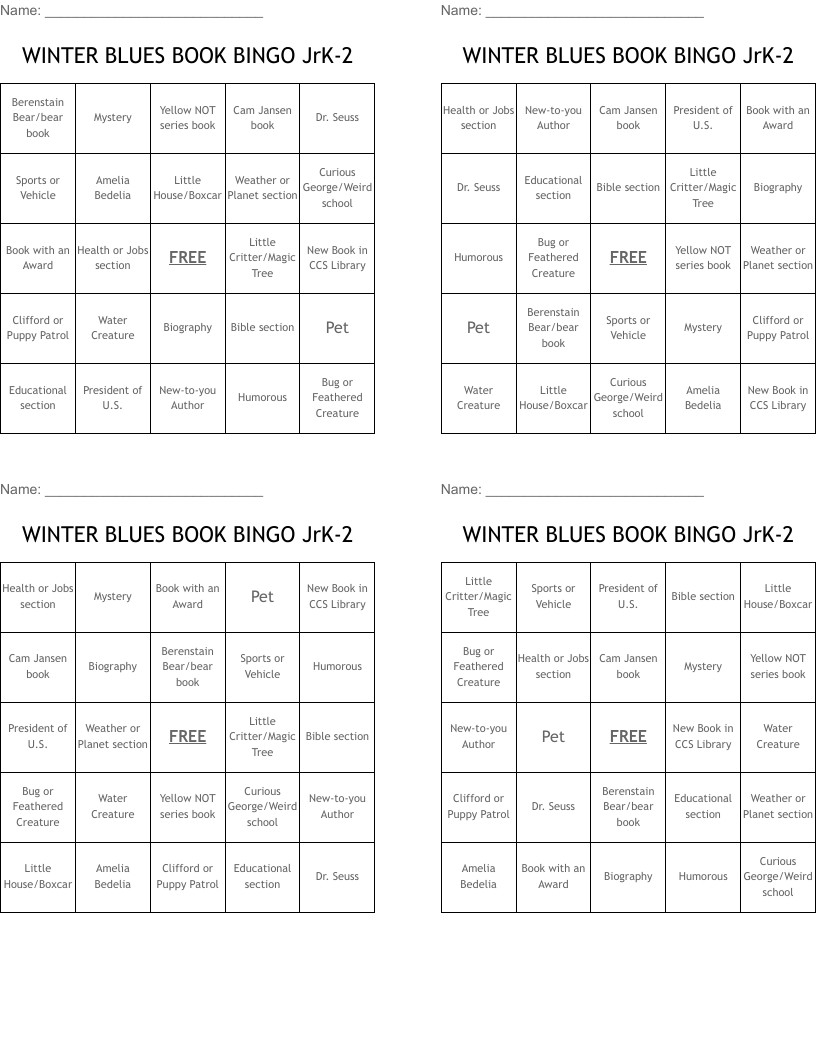 WINTER BLUES BOOK BINGO JrK-2