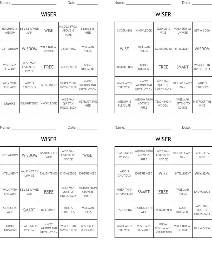 WISER Bingo Cards