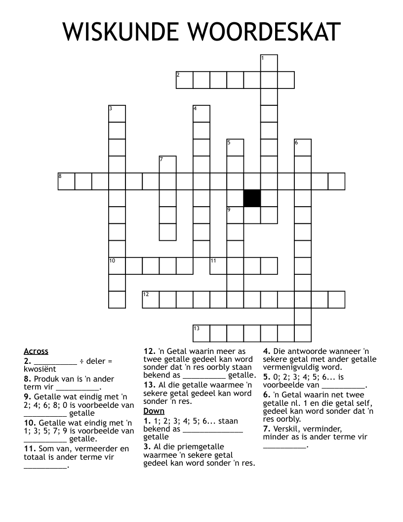 WISKUNDE WOORDESKAT Crossword
