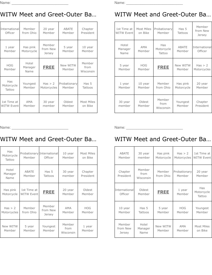 WITW Meet and Greet-Outer Banks Bingo Cards