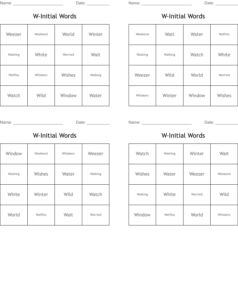 W-Initial Words Bingo Cards