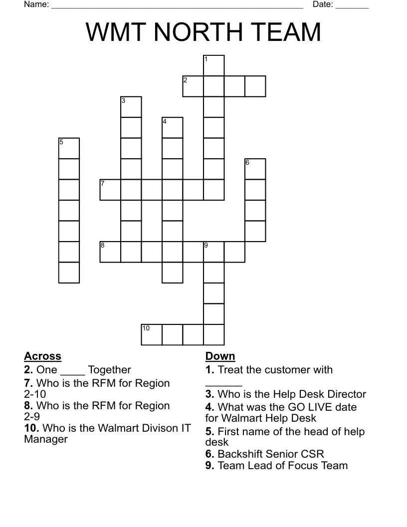 WMT NORTH TEAM Crossword