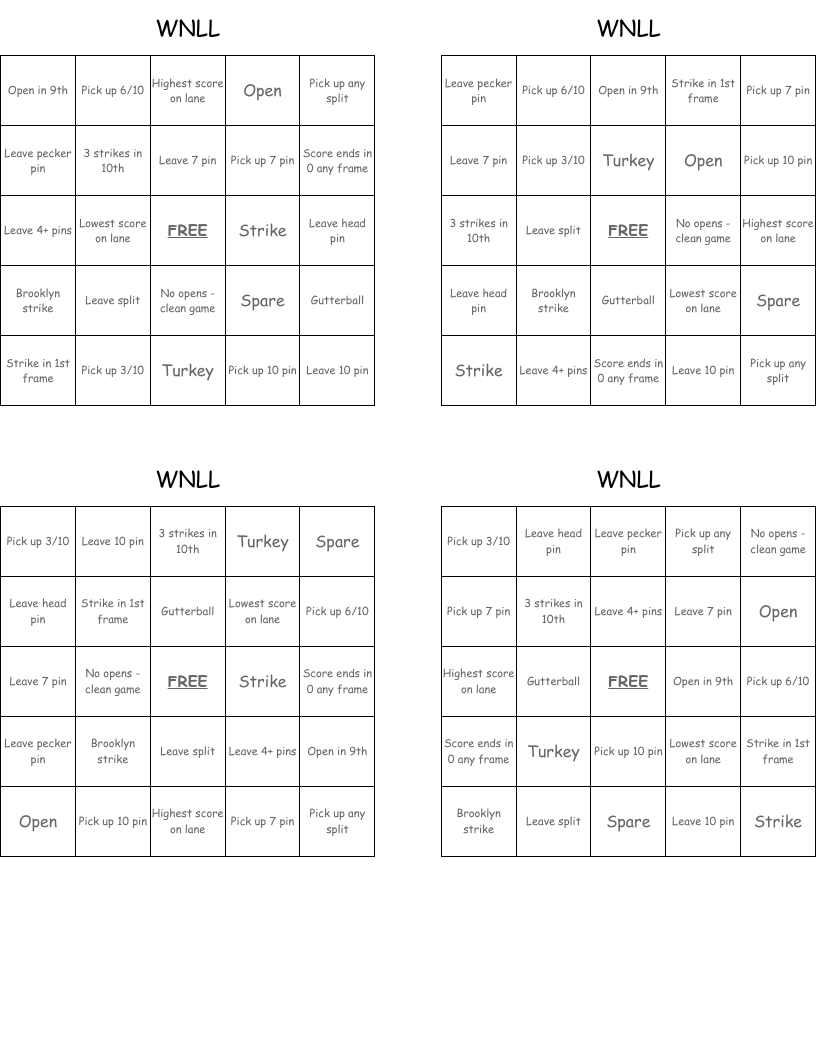 WNLL Bingo Cards
