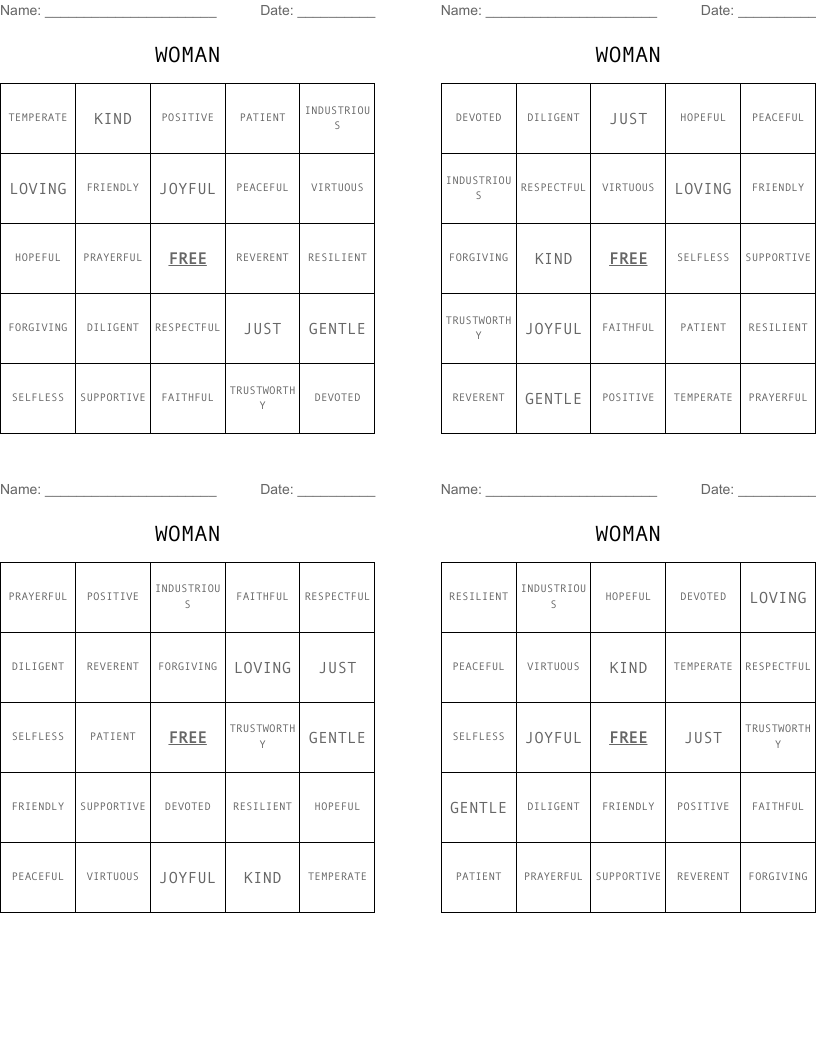 WOMAN Bingo Cards