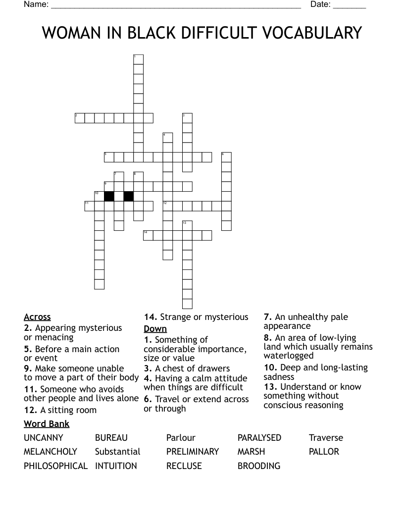 WOMAN IN BLACK DIFFICULT VOCABULARY Crossword