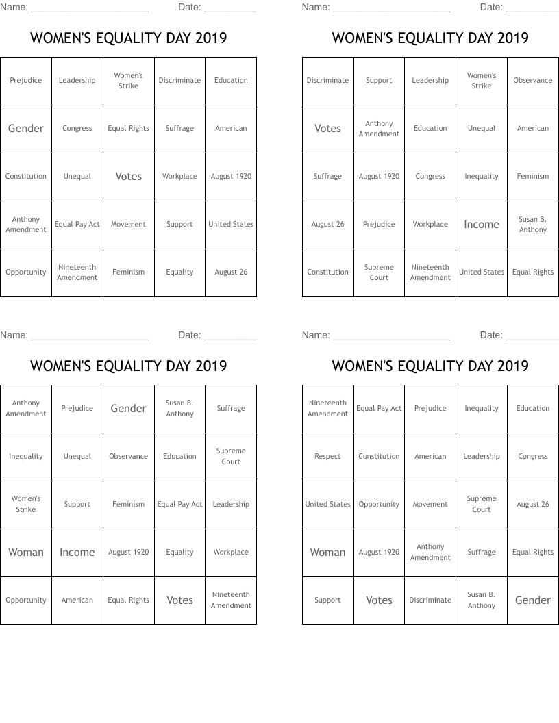 WOMEN'S EQUALITY DAY 2019 Bingo Cards