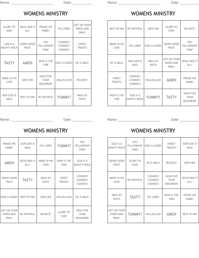 WOMENS MINISTRY Bingo Cards