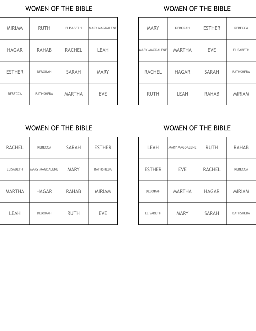 WOMEN OF THE BIBLE Bingo Cards