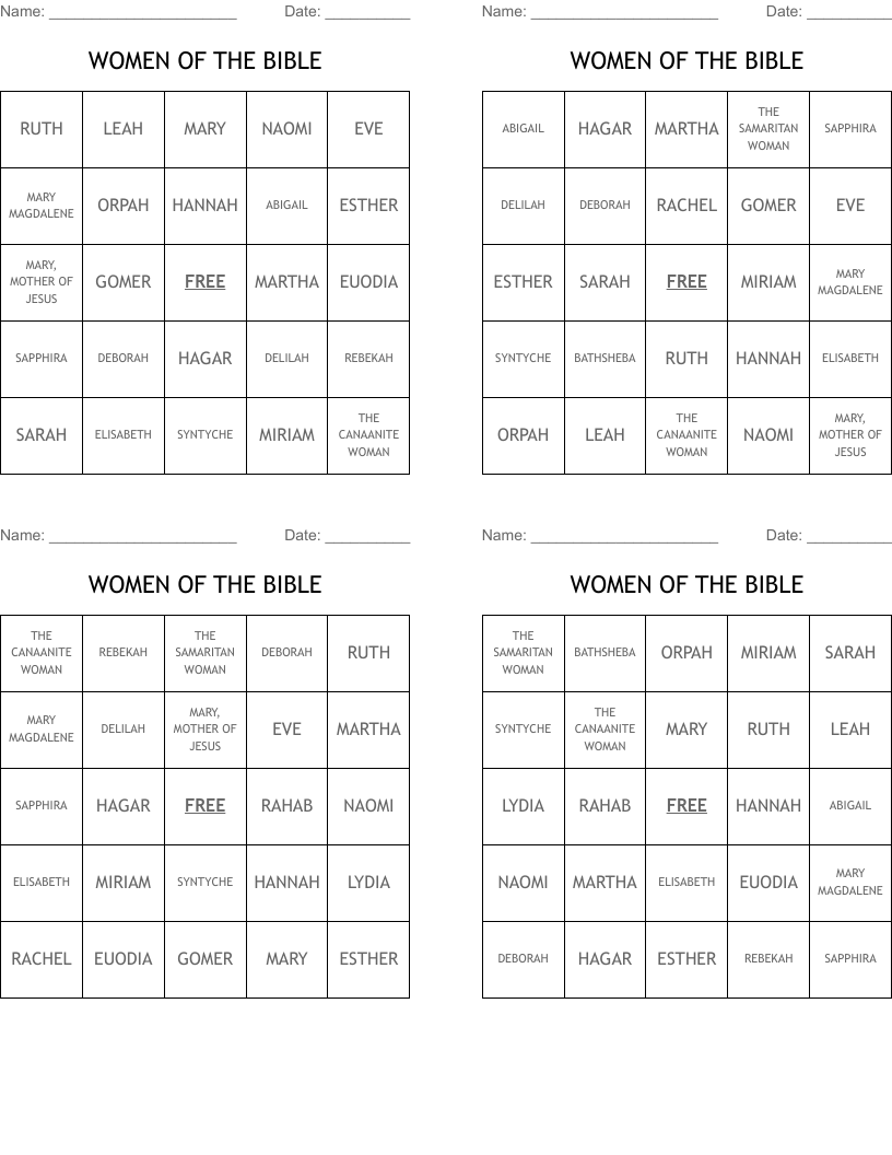 WOMEN OF THE BIBLE Bingo Cards