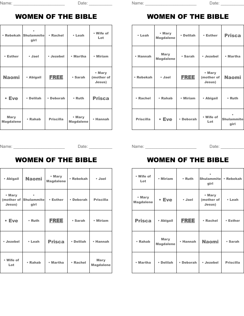 WOMEN OF THE BIBLE Bingo Cards