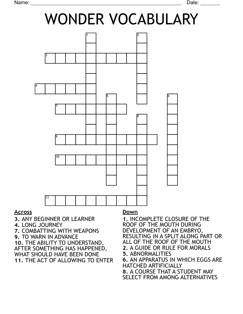 WONDER VOCABULARY Crossword