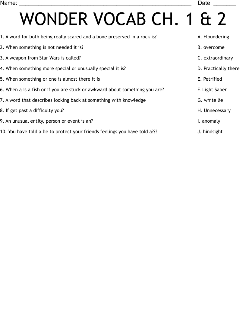 WONDER VOCAB CH. 1 & 2 Worksheet