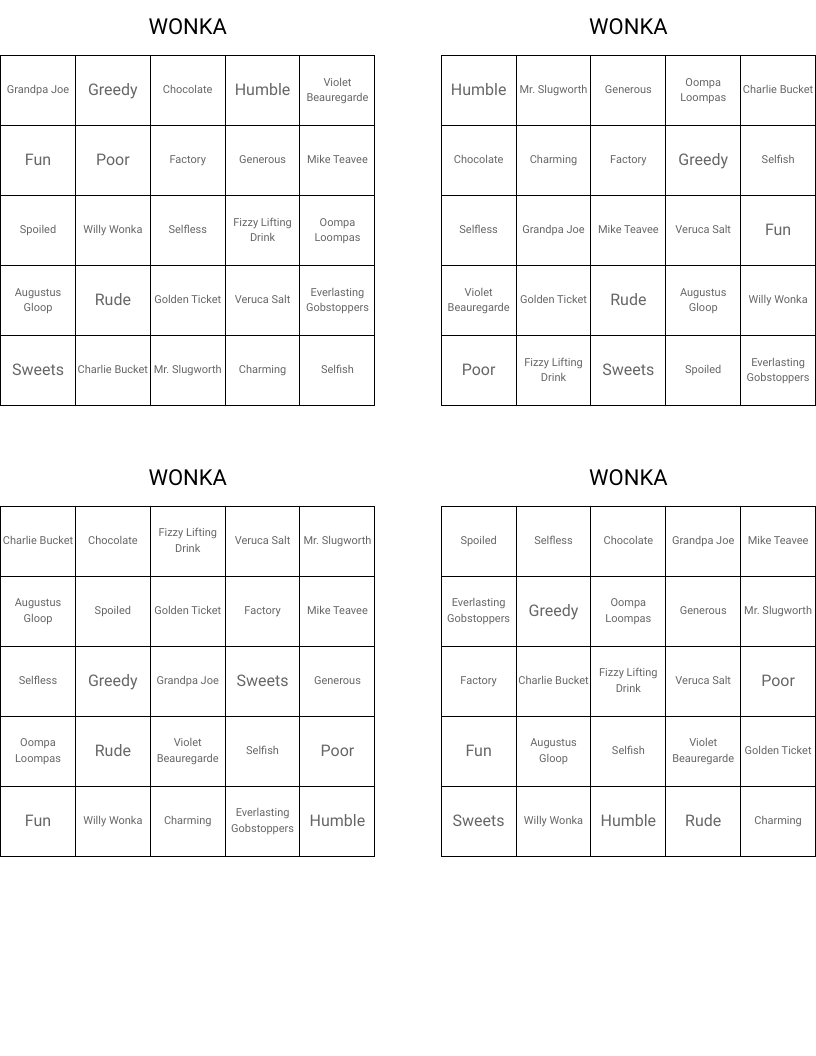 WONKA Bingo Cards