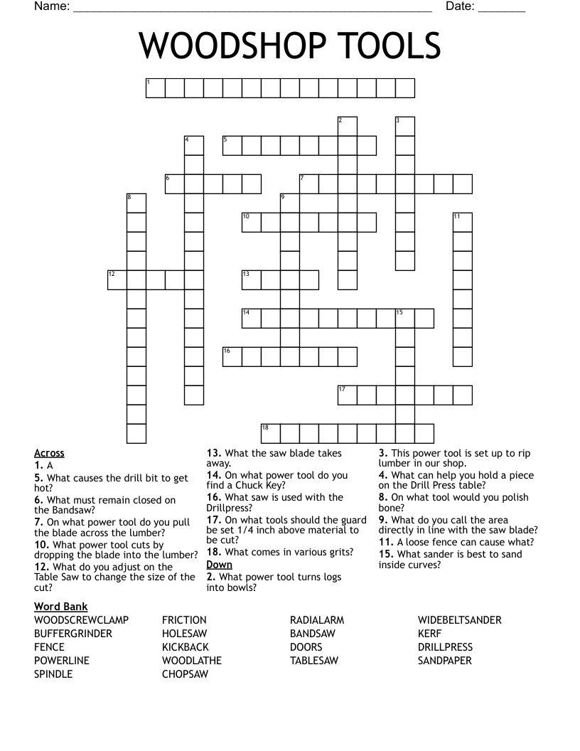 WOODSHOP TOOLS Crossword