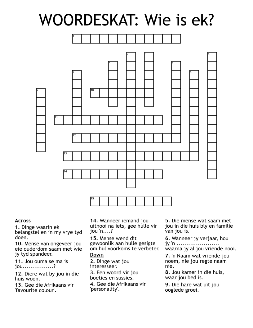 WOORDESKAT: Wie is ek?  Crossword