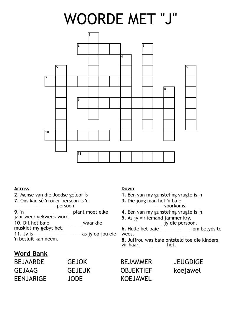 WOORDE MET "J" Crossword