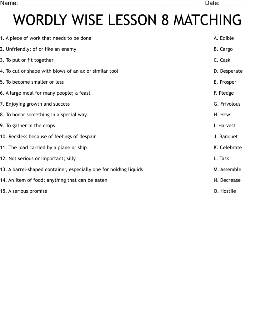 WORDLY WISE LESSON 8 MATCHING Worksheet