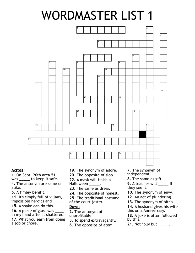 WORDMASTER LIST 1 Crossword