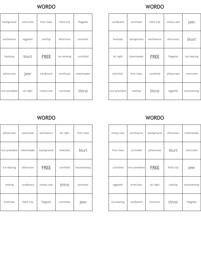 WORDO Bingo Cards