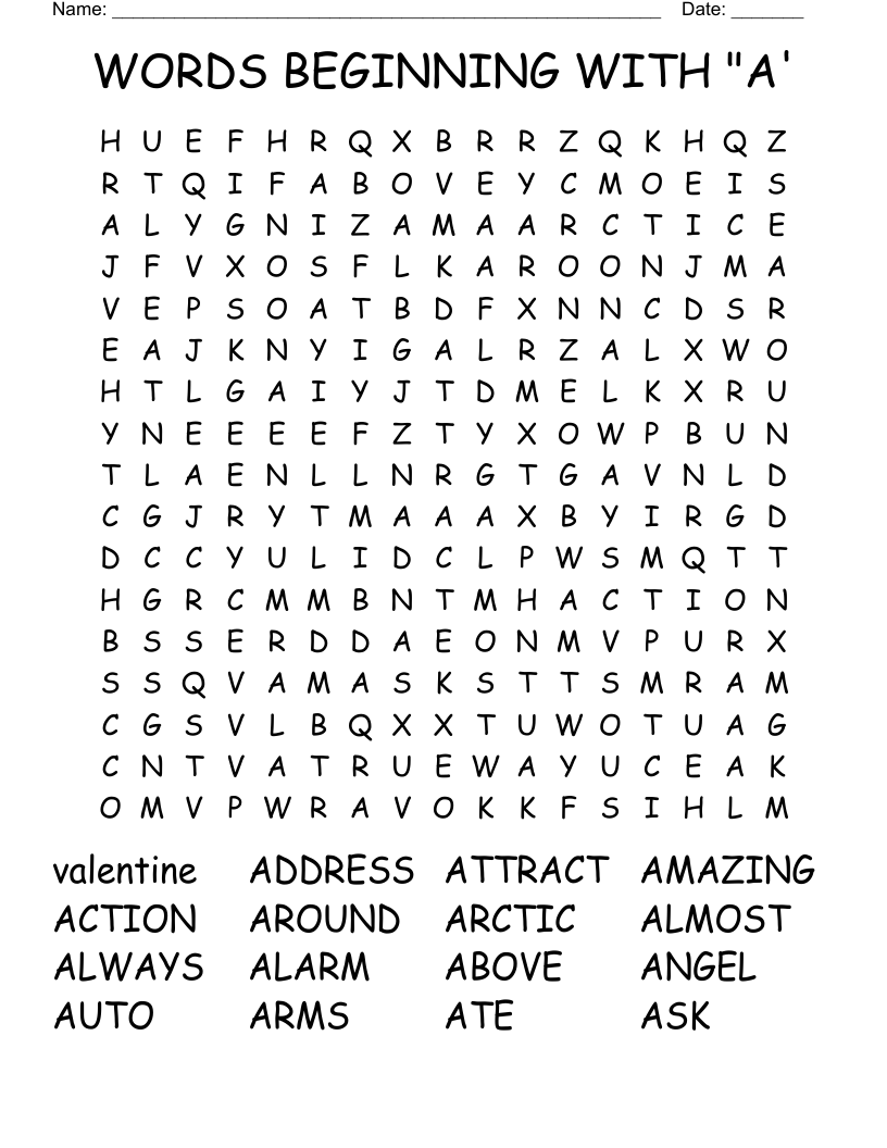 WORDS BEGINNING WITH "A' Word Search