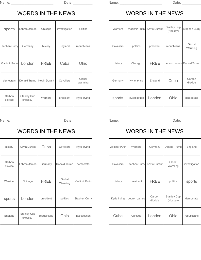 WORDS IN THE NEWS Bingo Cards