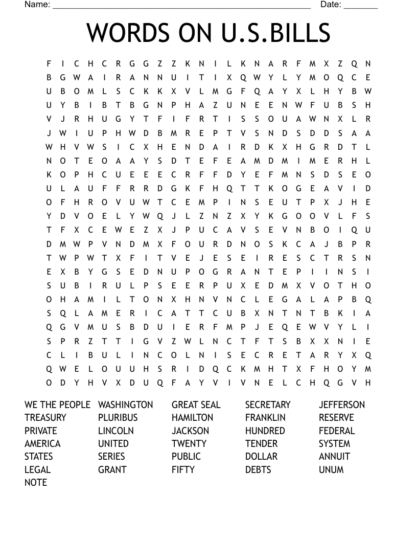 WORDS ON U.S.BILLS Word Search