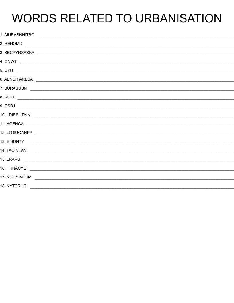 WORDS RELATED TO URBANISATION Word Scramble