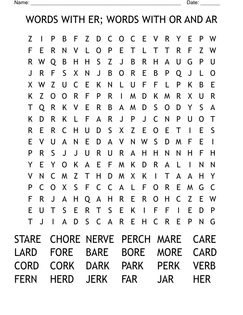 WORDS WITH ER; WORDS WITH OR AND AR Word Search