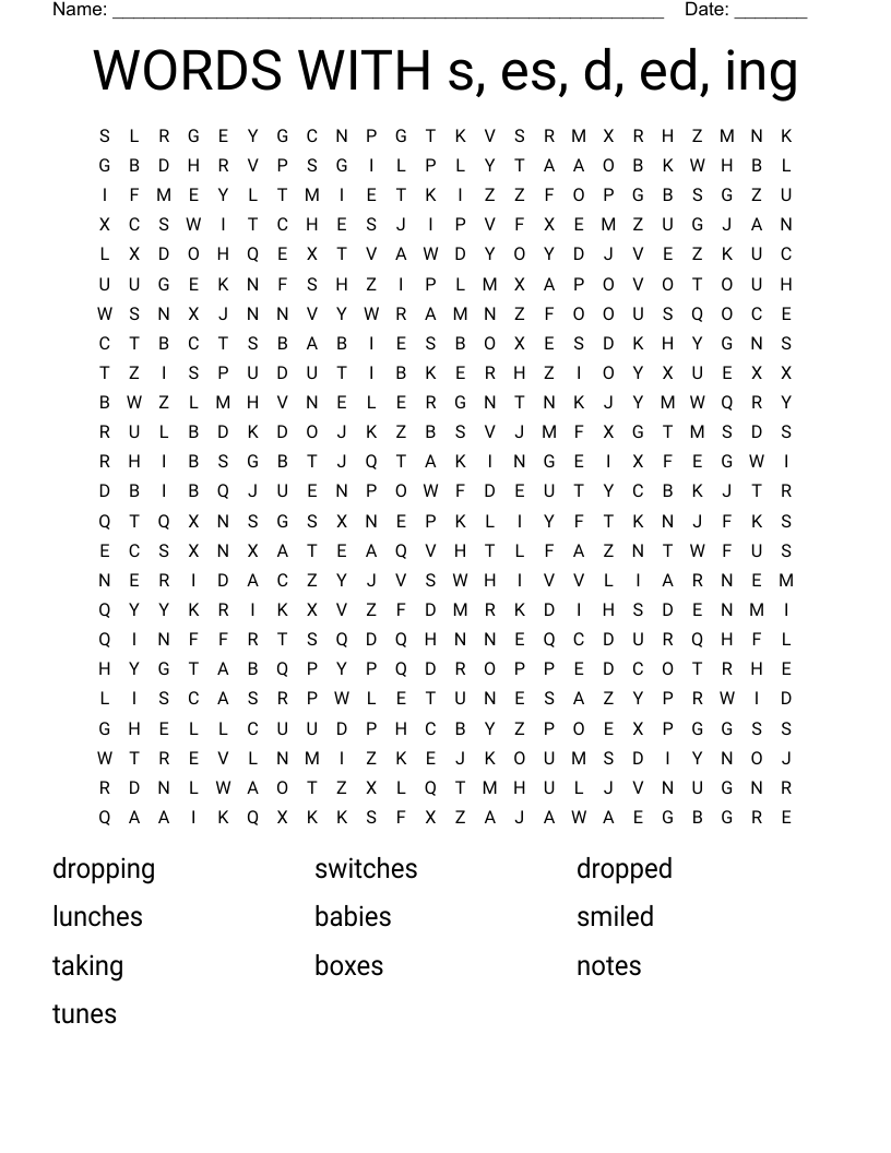 WORDS WITH s, es, d, ed, ing Word Search