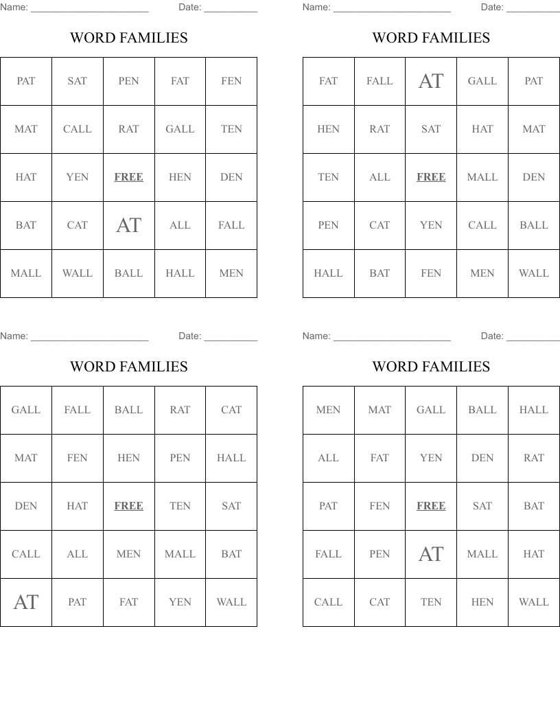 WORD FAMILIES Bingo Cards