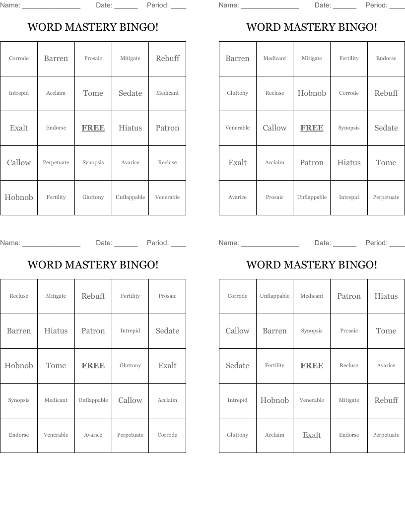 WORD MASTERY BINGO!