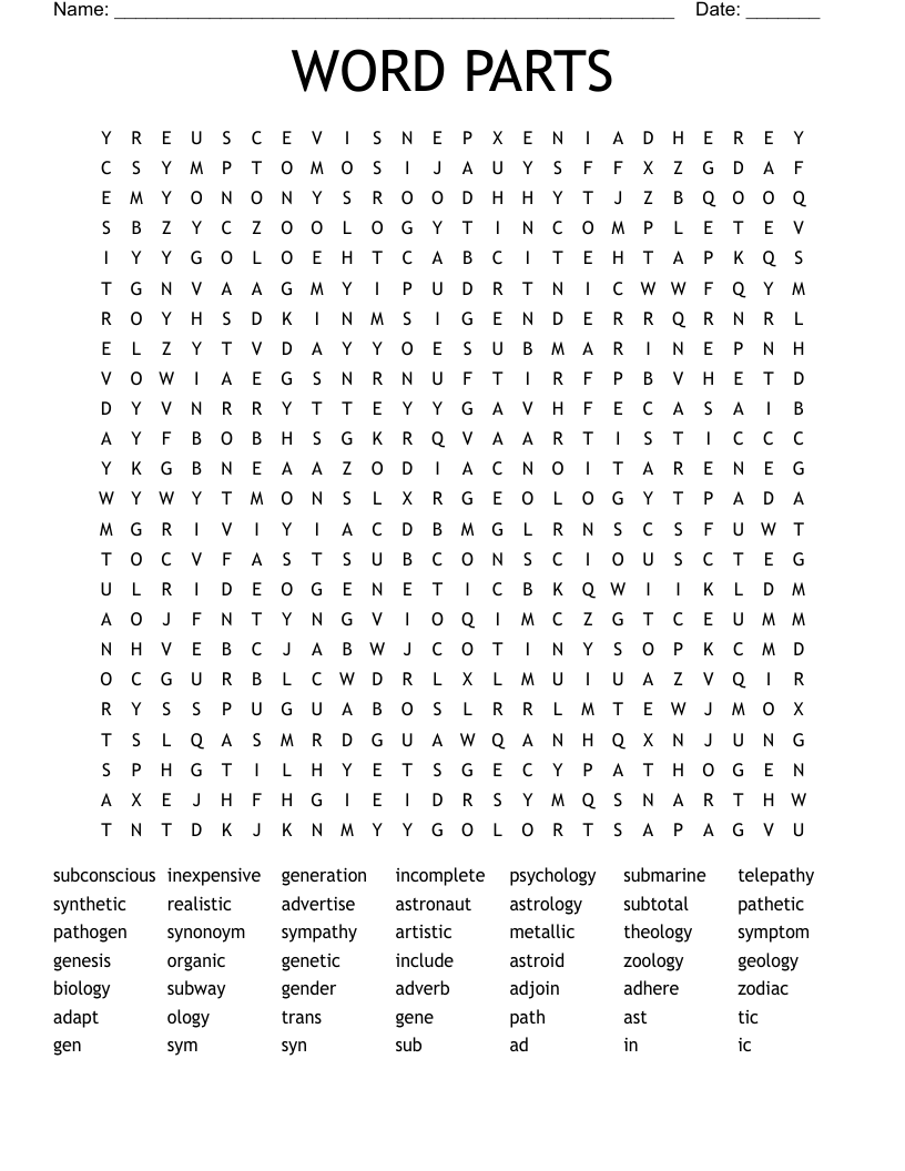 WORD PARTS Word Search