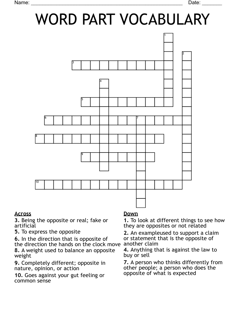 WORD PART VOCABULARY  Crossword