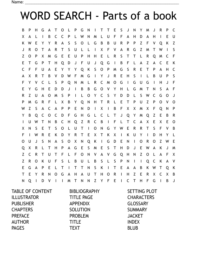 WORD SEARCH - Parts of a book