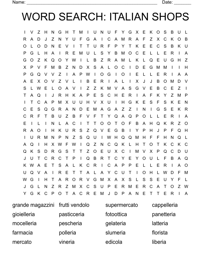 WORD SEARCH: ITALIAN SHOPS