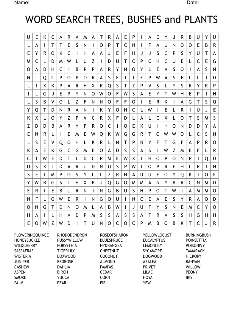 WORD SEARCH TREES, BUSHES and PLANTS