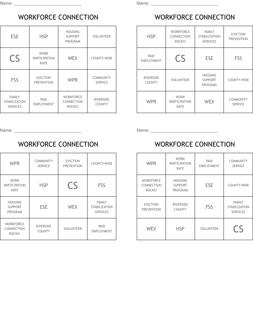 WORKFORCE CONNECTION Bingo Cards