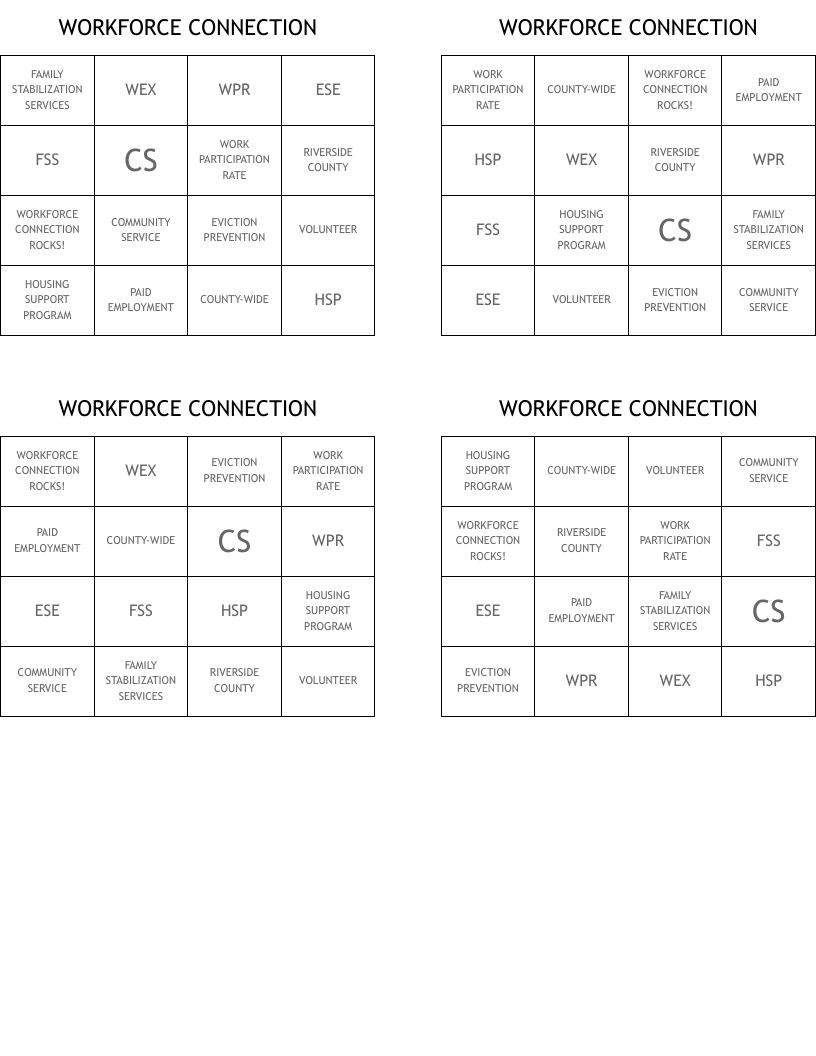 WORKFORCE CONNECTION Bingo Cards