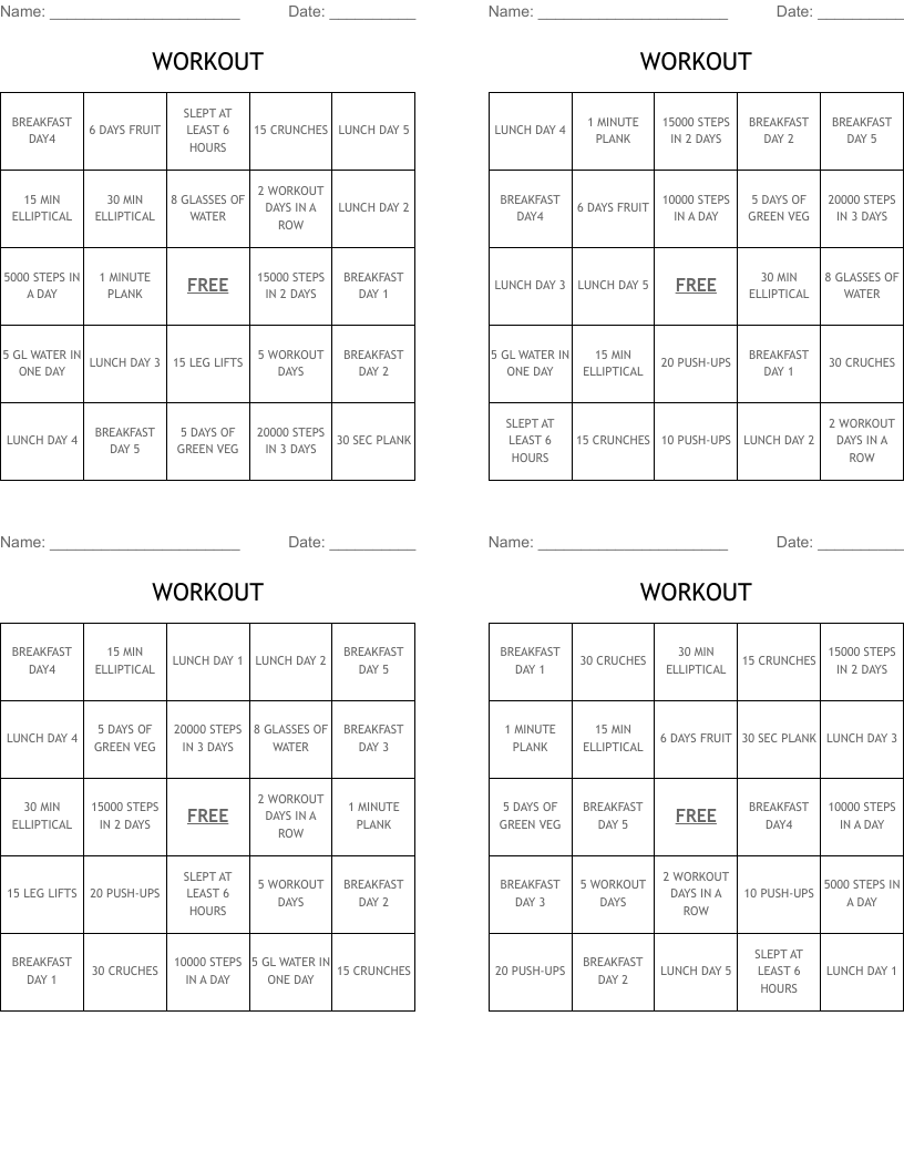 WORKOUT Bingo Cards
