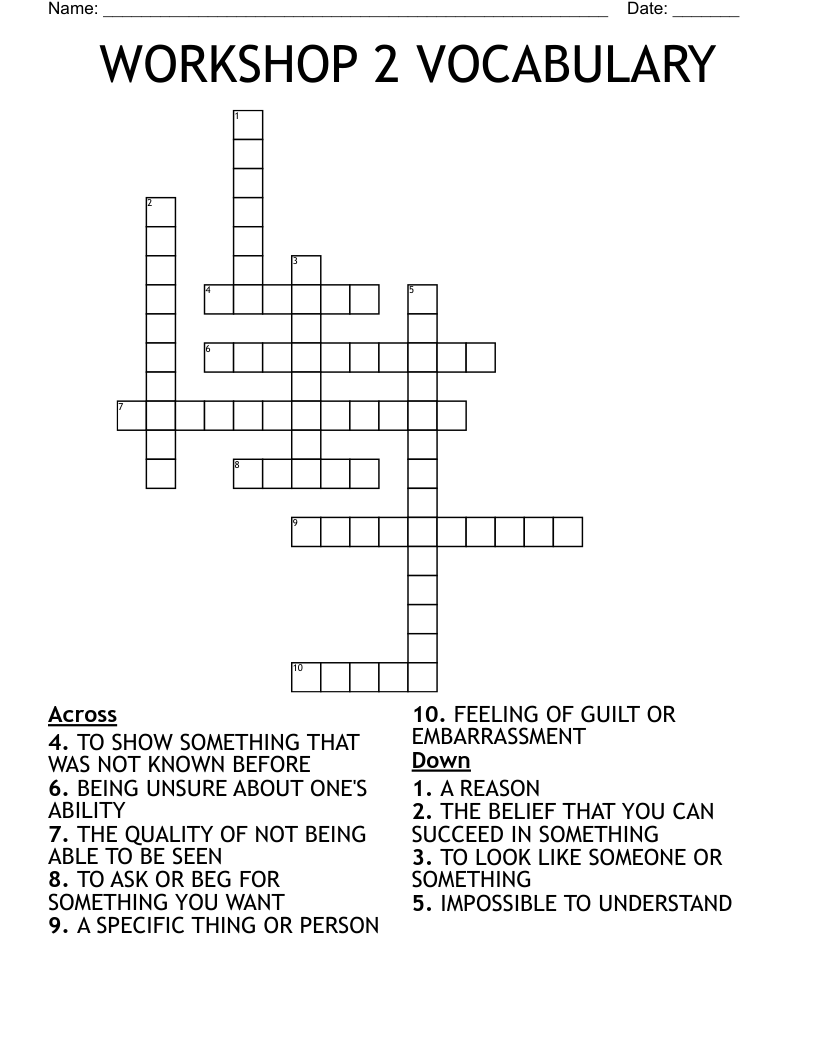 WORKSHOP 2 VOCABULARY Crossword
