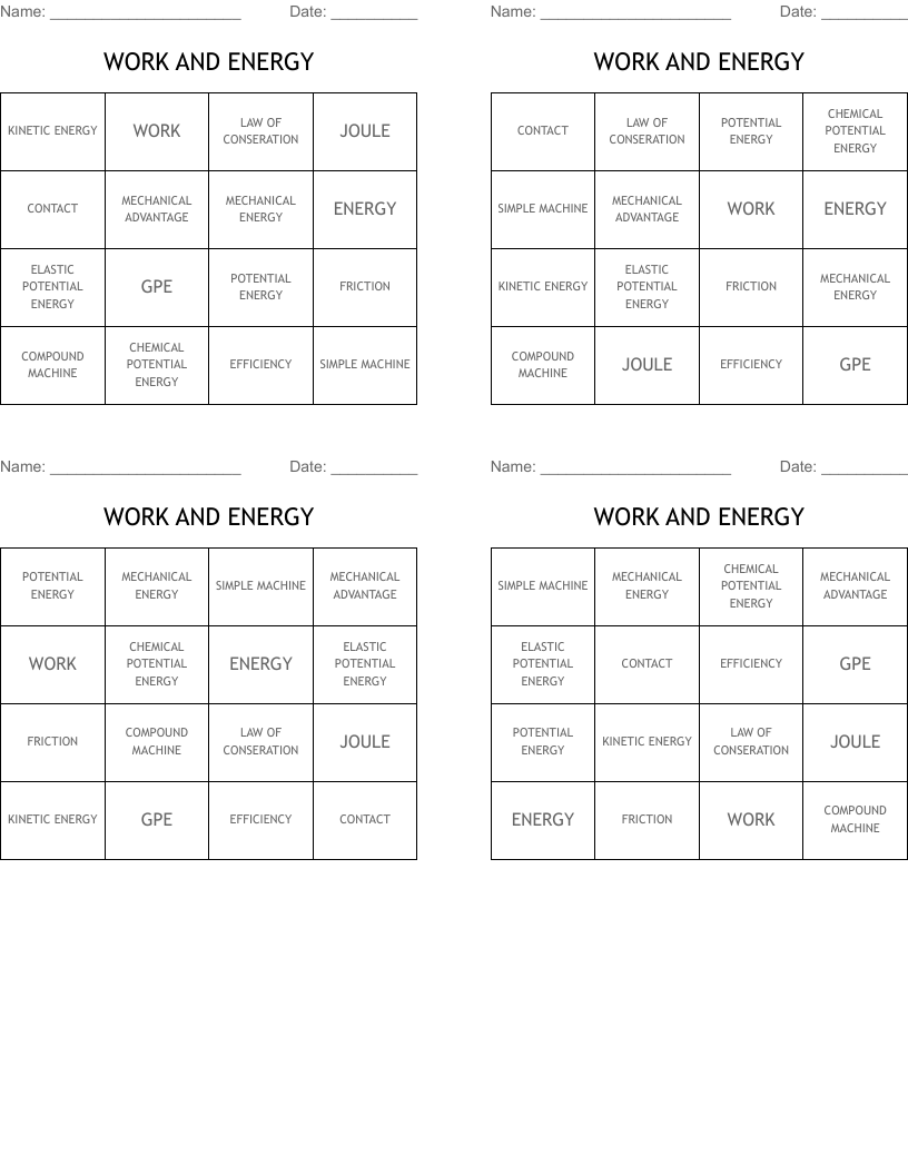 WORK AND ENERGY Bingo Cards