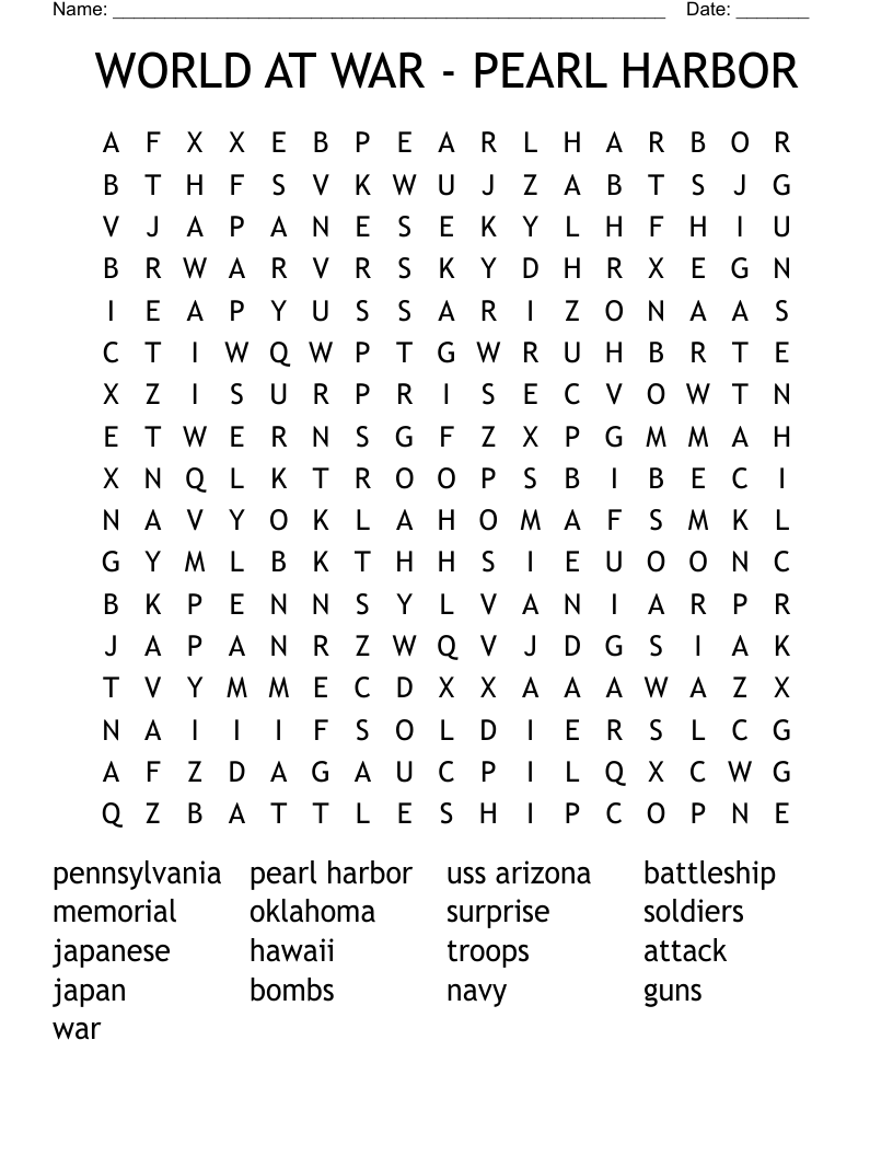 WORLD AT WAR - PEARL HARBOR Word Search