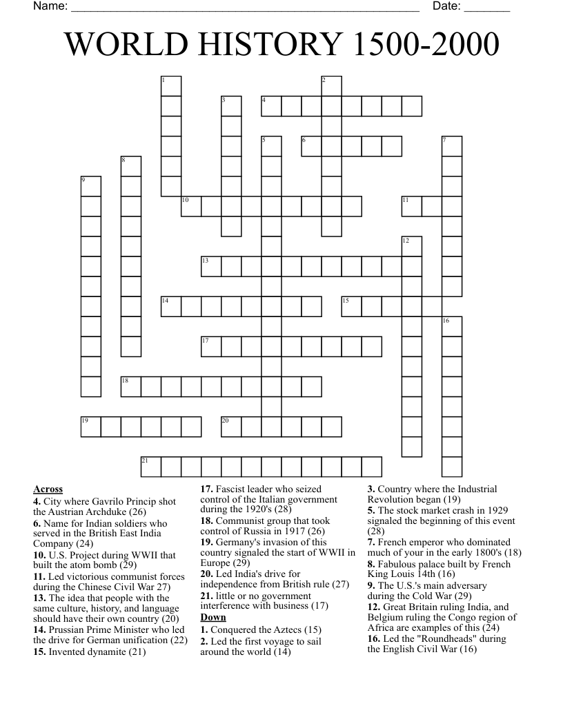 WORLD HISTORY  1500-2000 Crossword