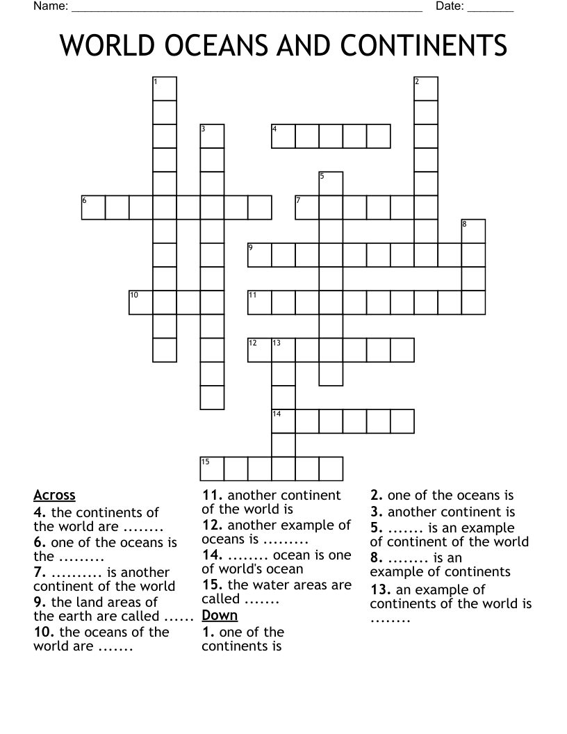 WORLD OCEANS AND CONTINENTS Crossword
