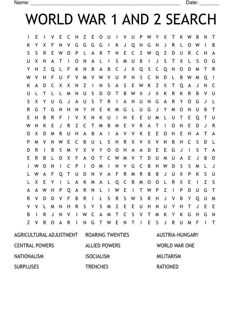 WORLD WAR 1 AND 2 SEARCH Word Search